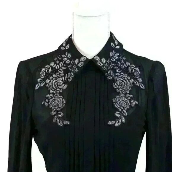 Ted Baker London Black Chiffon Long Sleeve Embroidered Mini Dress Size 0 - Picture 2 of 11